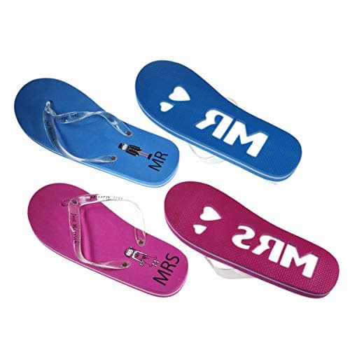 Mr & Mrs Honeymoon Blue & Pink Flip Flops Set, One Size Ladies UK 6-8 and Mens UK 9-11