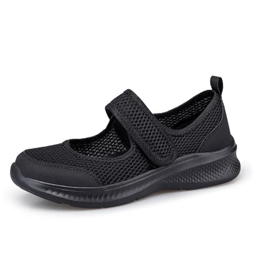 Womens Orthopedic Mary Jane Shoes Summer Breathable Knit Adjustable Strap Barefoot Lightweight Comfortable Non Slip Walking Shoes for Hiking Holiday UK Black, Size 7 — view 4