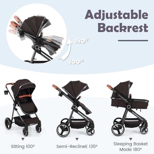 COSTWAY Baby Pushchair, Foldable Travel System Pram with Reversible Seat, Adjustable Canopy & Backrest, Storage Basket, Cup Holder, Aluminum Structure Stroller for 0-36 Months (Black) — view 4
