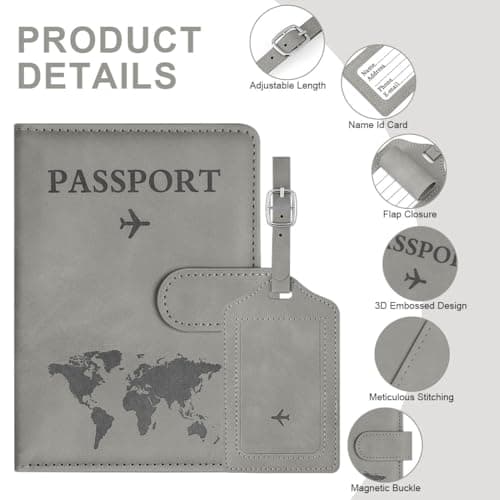 OFFCUP Passport Holder Cover, PU Leather Passport Cover and Luggage Tag Set with RFID Blocking Travel Wallet, Universal Travel Wallet Case Organiser for Money, Boarding Passes, Credit Cards Gray — view 3