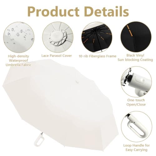 Peldris Compact Umbrella with Carabiner Handle, 10Ribs Folding Portable Strong Windproof Travel Umbrella, Automatic Open Close Umbrellas, Sun Umbrellas UV Protection for Women Men Kids (Beige) — view 3
