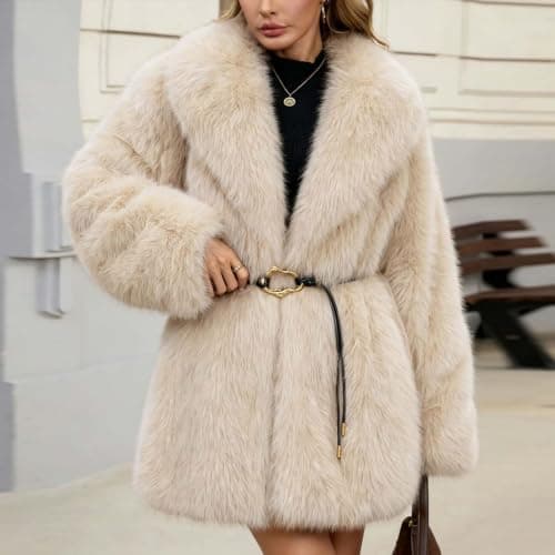 Beige Womens Faux Fur Coat Lapel Belted Warm Winter Jacket with Pockets XXL — view 6