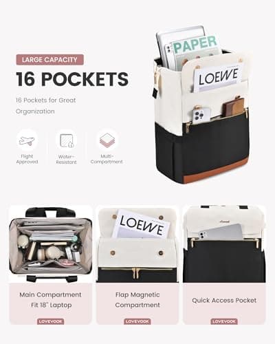LOVEVOOK 18 Inch Backpack Womens, Large Laptop Rucksack Bag for Ladies, Daypacks for Office Teacher Nurse, Fashion School Bags for Work University Travel, Beige & Black — view 3