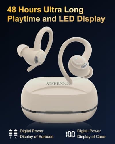 Sports Wireless Earbuds with EarHooks HiFi Stereo Sound with ENC Mic, Beige — view 6