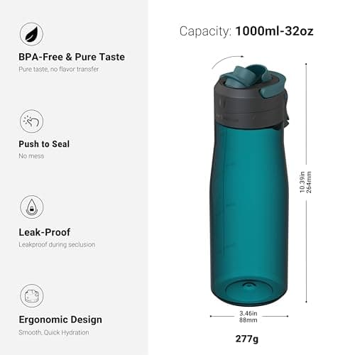 Super Sparrow Water Bottle 1000ml - One-Tap TouchGulp Bottle - Non-Toxic BPA Free - Lightweight & Sustainable Tritan Water Bottles for Sports, Travel, Outdoors — view 3