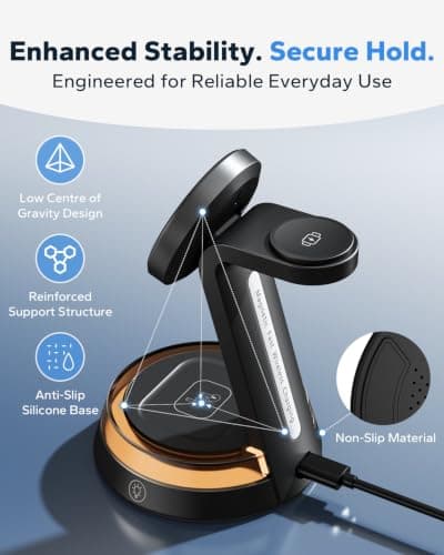 KPON 3 in 1 Wireless Charging Station for iPhone and Apple Watch, 15W Fast Magnetic Charger Stand with Adjustable Angle and Night Light, Charging Dock for Apple Devices, Desk & Bedside Organizer — view 5