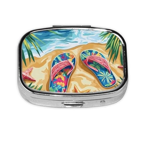 Summer Flip-Flops Square Pill Box Mini Metal Travel Medicine Organizer 2 Compartments Pocket Portable Small Storage Case