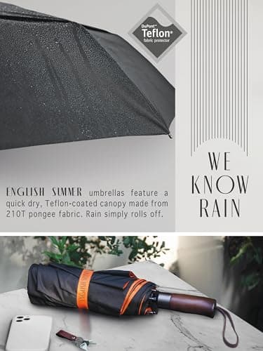 ENGLISH SUMMER Luxury Windproof Umbrella for Rain & Sun: Strong, Automatic, Extra Large Canopy, Vented, Portable Folding, Quality, Real Wooden Handle (Charcoal & Burnt Orange) — view 5