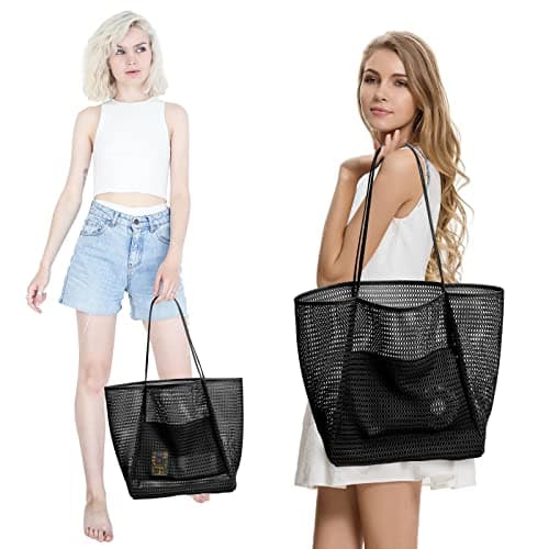 KALIDI Mesh Tote Bag,23L Beach Bag Extra Large Tote Bags for Women with Zip Pocket Shoulder Bag Summer Beach Bags Reusable Shopping Bag for Picnic Holiday Travel Grocery — view 2