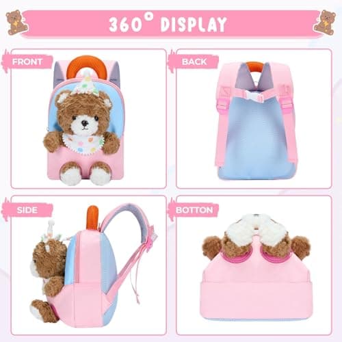 PROTAURI 1-4 Years Girls' Backpack, Nursery Backpack with Removable Plush Toy, Nursery Bag with Chest Strap, Perfect for Kindergarten, Travel Gifts, Plush Bear Design — view 4