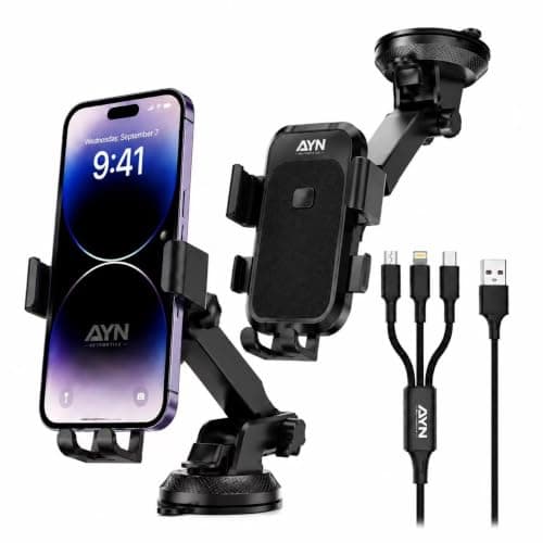 AYN Car Phone Holder, Dashboard & Windscreen Suction Mount with Telescopic Arm, 360° Rotation, One-Hand Operation, Fits 4.7–7.2-Inch Smartphones + 3-in-1 Charging Cable (Black)