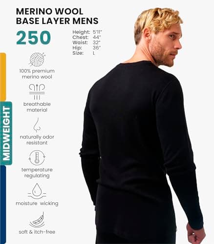 100% Merino Wool Base Layer Men - Long Sleeve Thermal Shirt + Hiking Socks (Large, Black 250) — view 2