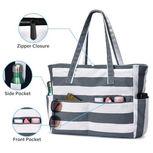 oscaurt Large Beach Bag with 9 Pockets, Waterproof Beach Bags for Women, Sandproof Summer Beach Tote Bag with Zip, Holiday Essentials Shopping Bag Travel Bag Handbags for Pool Gym Weekend — view 3