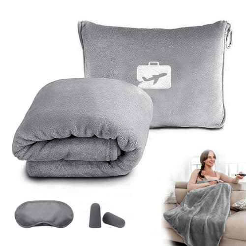 Megcdtr Travel Blanket and Pillow with Eye Mask and Ear Plugs(Grey)
