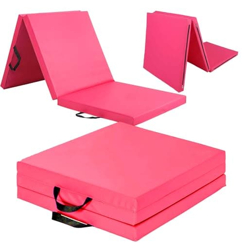 Exercise Mat – Tri-Fold PU Leather Yoga, Pilates & Gymnastics Mat, 6cm Thick Cushioned, Non-Slip, Foldable Home Gym Fitness Mat for Kids, Adults & Family Workouts (Pink)