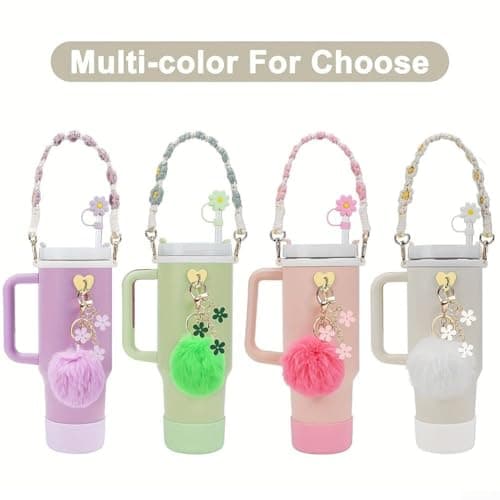 CWOQOCW 7PCS Silicone Cup Strap Set Designed for 30 Ounce and 40 Ounce For Water Bottles with Wool Ball Pendant for Enhanced Portability (white) — view 2