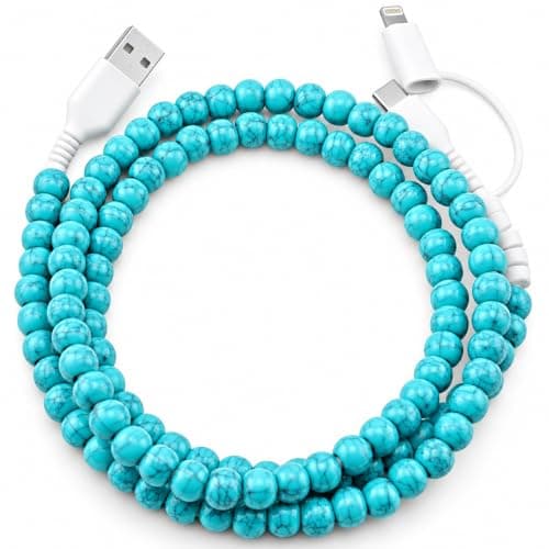 MyfavoriteK Stylish Beaded Phone Charger Cable Metallic Colors USB Cable 2 in1 USB-C and iPhone-Compatible Charging Cord 3.3ft Cord for Smartphones (Turquoise)