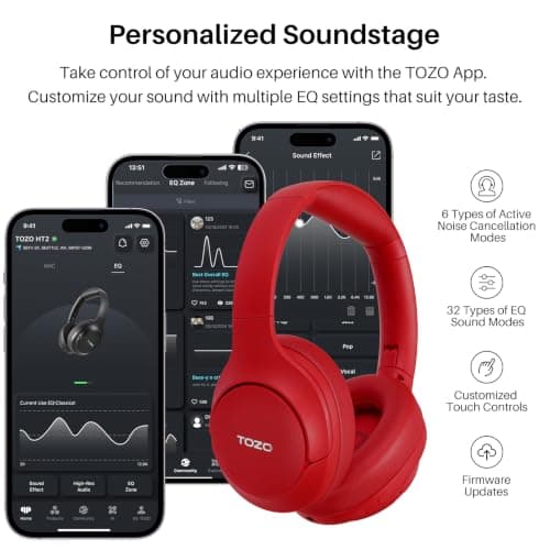 TOZO HT2 Hybrid Active Noise Cancelling Wireless Headphones, 60H Playtime Lossless Audio Over Ear Bluetooth Headphones, Hi-Res Audio Deep Bass Foldable Lightweight Headset for Workout Dark Red — view 6