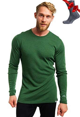 100% Merino Wool Base Layer Men - Long Sleeve Thermal Shirt + Hiking Socks (XX-Large, 250 Olive)