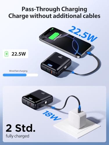 Power Bank 10000mAh,22.5W PD Fast Charging Portable Charger Built-in 2 Cables,USB C Battery pack,Mini Powebank Charger for iPhone 17 16 15 14 13 12 Plus Pro Samsung iPad Small - Size (73x62x26.5mm) — view 5