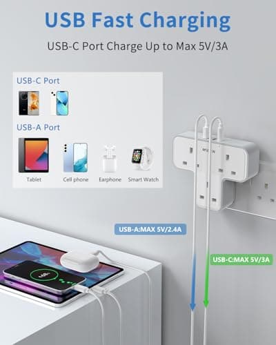 Plug Extension Socket,Mscien Plug Adapter 3 Way with 3 USB(1 Type-C), Multi Plug Adaptor Wall Socket Plug Extender UK 13A Power Extension Plug For Home Dorm Kitchen Office — view 4