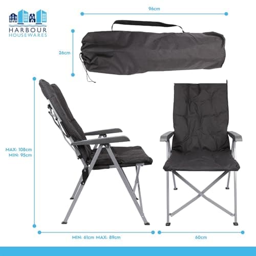 Harbour Housewares Reclining Camping Chair – Black - Pack of 2 Padded Foldable Outdoor Chair, Adjustable Backrest, Steel Frame, Portable with Carry Bag, Garden, Festival & Beach High Back Seating — view 3
