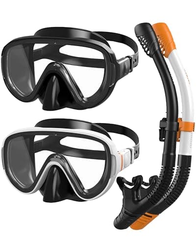 G2RISE SN05 Snorkel Set Adults, Anti-leak Scuba Diving Goggles and Snorkel, Mask and Snorkel Set Adult with Tempered Glass Lenses & Dry Top System for Snorkeling, Diving, Swimming(Black+White Orange)
