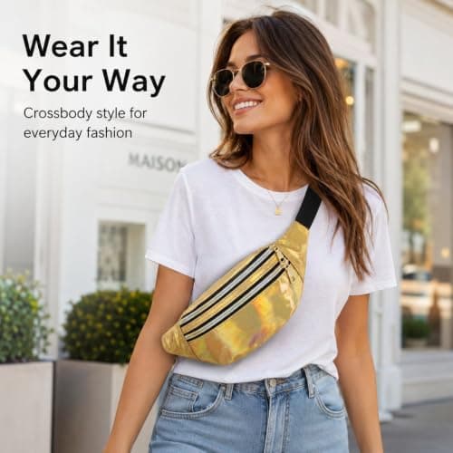 Fashion Metallic Bum Bag,Holographic Waist BagFanny Double Zipper Belt Bag Festival Rave Bumbags Waterproof Hip Pouch for Women Ladies Girls Travel Party Festival Sports Outdoor (Gold) — view 5