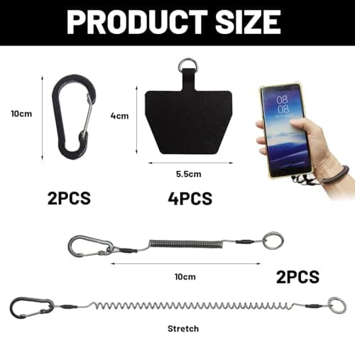TESGADGETS 2 Piece black mobile phone strap with flexible spiral cable, with carabiner, anti-theft, for outdoor hiking and climbing for most smartphones — view 2