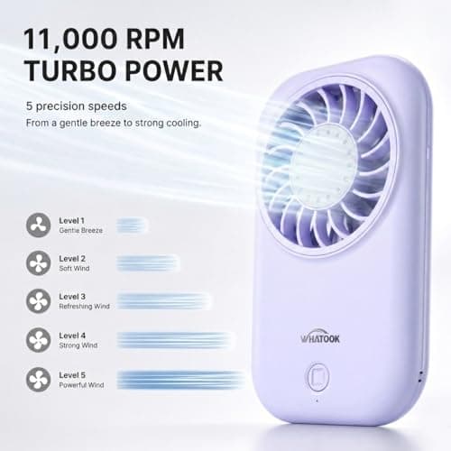 WHATOOK Mini Handheld Turbo Fan: 0.59in Ultra-Slim & 0.12lbs Light Pocket Fan, 11000 RPM Power, USB-C Rechargeable Portable Small Personal Hand Fan for Travel Essentials, Outdoor, Gift, Purple — view 3
