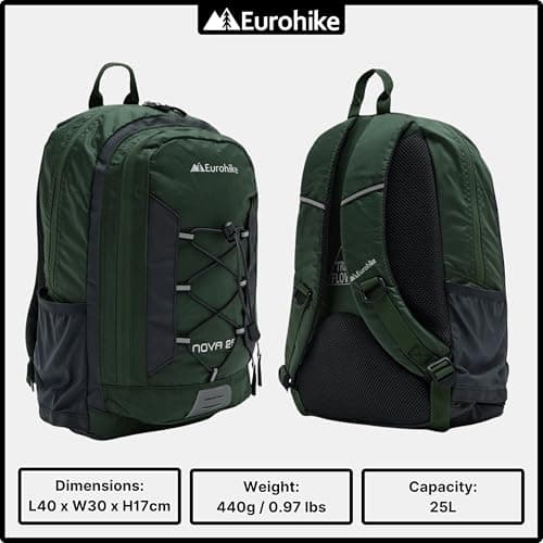 Eurohike Nova 25 Litre Daysack with Ventilated Back Panel, Lightweight, Packable, Adjustable 25L Daypack, Backpack, Rucksack, Bag for Men Women & Kids, School, Commuting, Camping, Hiking (Green) — view 2