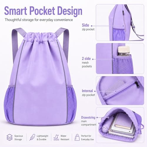 FAVORTALK Swim Bag Drawstring Gym Bag Girls Trainer Swim Bag Backpack Mini Water Resistant Nursery Backpack Gym Duffle Backpack, Purple 18208 — view 4