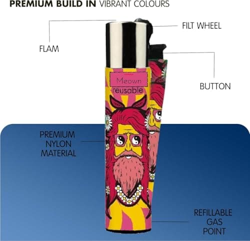 MEOWN Original Mix Lighter Collection – Limited Edition, Refillable Lighters with Replaceable Flint, Durable Design & Assorted Colours – Multipurpose for Home, Camping, BBQ & Gifts (5) — view 2