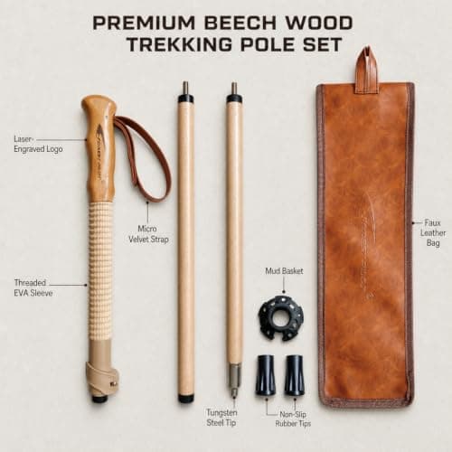 FOREST PILOT Trekking Poles- 1-pc Pack - Adjustable Hiking or Walking Stick –Strong, Natural Beech wood - Quick Adjust Flip-Lock - Beech wood Grip, Leather Strap (Brown) — view 2
