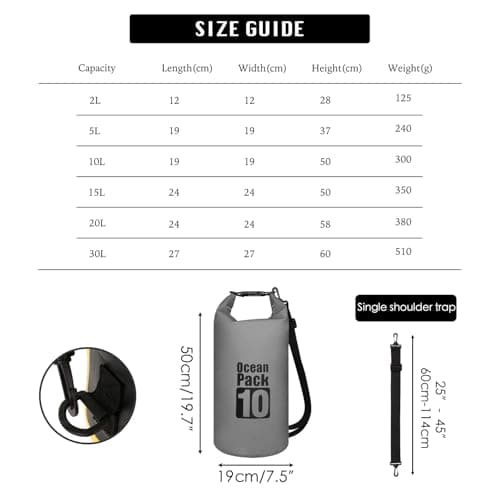 MORAINJAY 10L Grey Dry Bag,Waterproof Bag with Single Adjustable Shoulder Strap,Middle Capacity Dry Sack 2L 5L 10L 15L 20L 30L for Outdoor Camping,Rafting,Swimming,Boating,Surfing — view 2