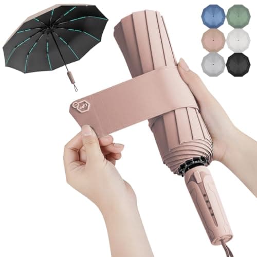 LEVADA Large Windproof Automatic Umbrella 105cm, Heavy Duty with 10 Triple-Reinforced Ribs, Double Layer UV Protection Canopy, Strong & Durable Folding Umbrella (Pink)
