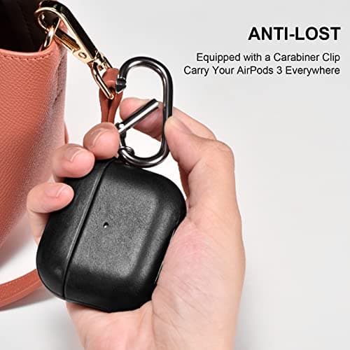 Case for AirPods 3 2021, ICARER Premium Genuine Leather Portable Shockproof Protective Case Cover for Apple AirPods 3rd 2021 Earphones Charging Case (LED Visible) Support Wireless Charger (Black) — view 5
