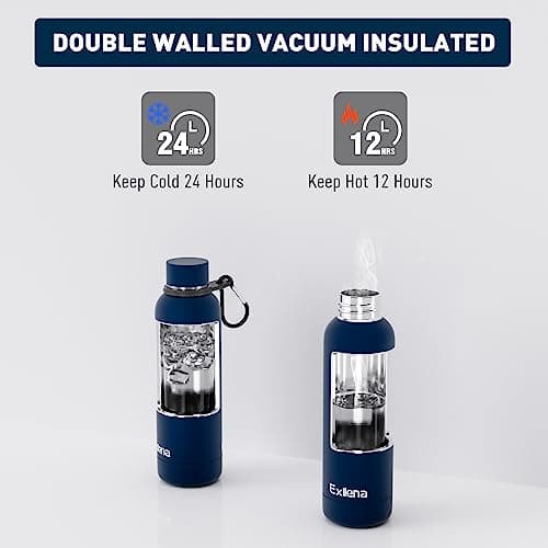 Exllena Insulated Water Bottles 500ml with Clip, Double Wall Vacuum Drinks Bottle Keeps Drinks Cold 24 Hrs/Hot 12 Hrs, Stainless Steel Water Bottle BPA Free (Dark Blue) — view 4
