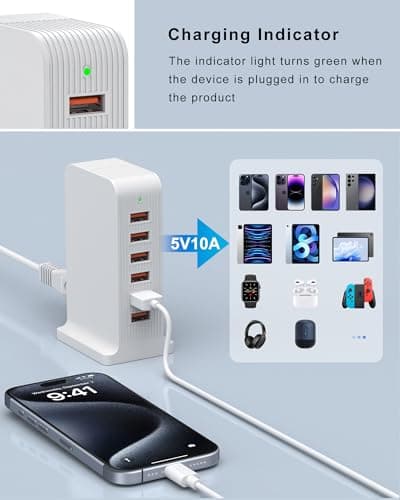 LEENFAER USB Charger 6 Port 50W Multi USB Tower Charging Station for iPhone 15/15 Pro/15 Pro Max/iPhone 14/14 Pro/14 Pro Max/13 Pro/13 Pro Max/Android/Samsung/iPad,etc (white) — view 6