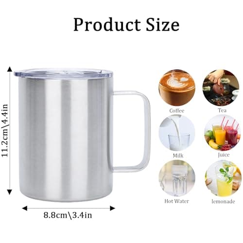 Thermal Mug, Insulated Coffee Mug with Handle and Sliding & Straw Lid, Leakproof Reusable Double Walled Vacuum Stainless Steel Travel Camping Cafe Tumbler Cup,Dishwasher Safe (Silver, 12 oz) — view 2