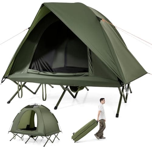 COSTWAY 2 Person Foldable Camping Tent, Elevated Tent Cot with Camping Bed, Waterproof Rainfly, 2 Mesh Doors and Wheeled Bag, Portable Outdoor Dome Tent (Round, 194 x 145 x 150 cm)