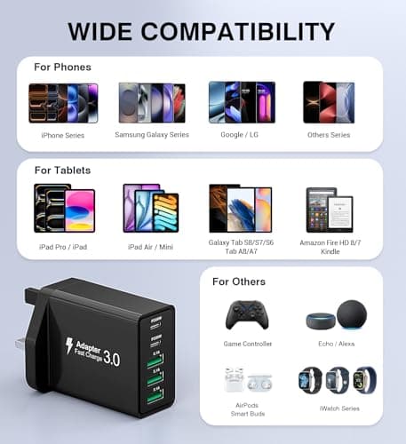 60W USB C Charger Block, 5-Port USB C Plug Fast Charger,2 Ports PD Power Adapter+3 Ports QC Mains Wall Charger,Multiport UK Type C Charging Plug for iPhone 17/16/15/14/13/12 Pro Max,iPad,Samsung-Black — view 4