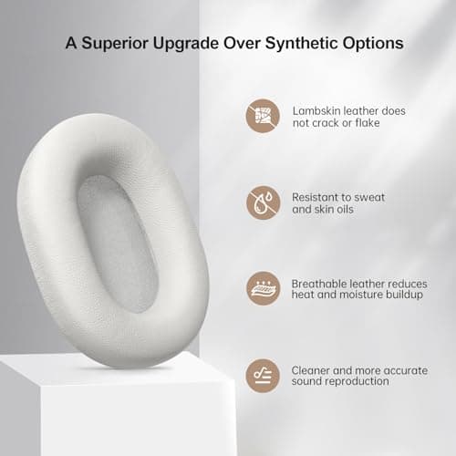 Aurivor Genuine Leather Ear Pads Cushions for Sony XM5 Noise Canceling Headphones, Premium WH-1000XM5 Replacement Earpads Covers with Soft Lambskin Leather, Optimized Memory Foam (Lambskin-Silver) — view 3