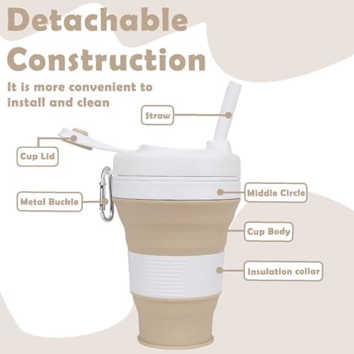 MORAINJAY Collapsible Coffee Cup with Lids,20oz/600ml Khaki Silicone Portable Reusable Coffee Mug,Foldable Camping Travel Cup Fits in Your Pocket(Collapses to 7cm) — view 3
