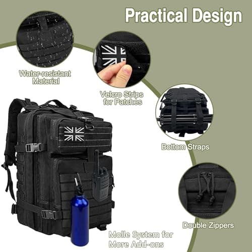 WOLT | Tactical Backpack for Men 45L Military Backpack Large 3 Day Molle Assault Pack Rucking Backpack for Survival Hiking, Black — view 3