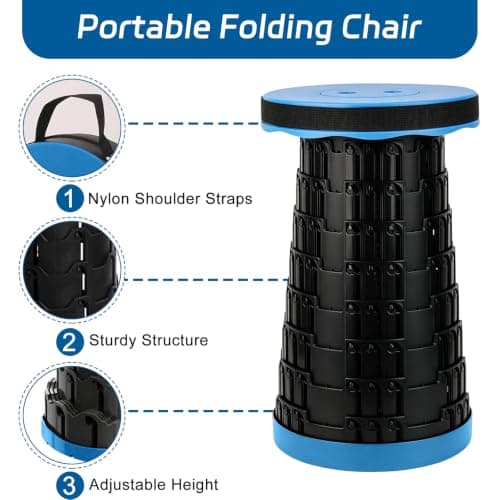VidFair Portable Folding Stool,Heavy Foldable Chair 46cm Adjustable Height with Max Load 440lb Telescopic Portable Men and Women for Travel Camping Fishing BBQ Home Use(Blue-Black) — view 4