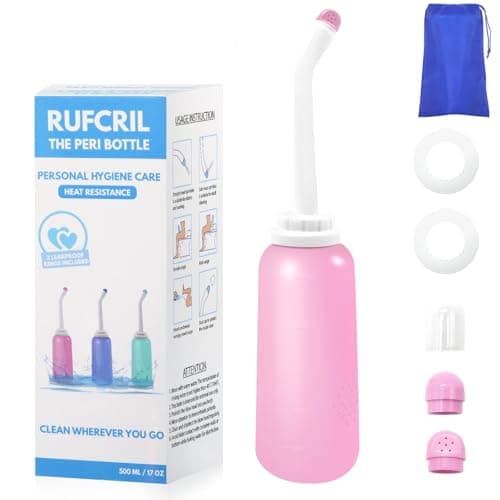 Peri Bottle Postpartum, RUFCRIL 500ml Perineal Wash Bottle, Portable Bidet with Carry Bag, Boilable TPE & 2 Leak-Proof Sealing Rings, Postpartum Essentials, Hospital Bag, Pink
