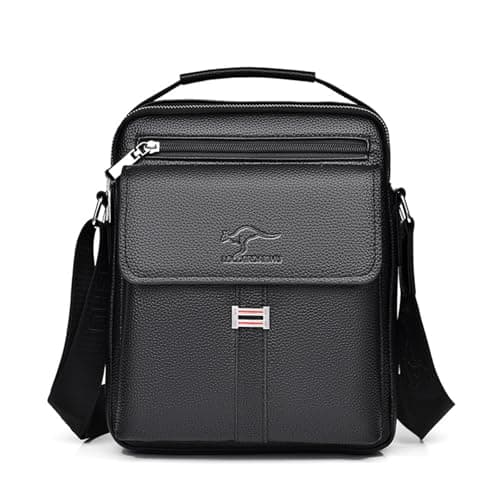 Men's Genuine Leather Shoulder Bag, Retro Crossbody Messenger Bag, Casual Travel Satchel with Adjustable Strap, Business Daily Use for Phone Wallet Keys Passport (Black)