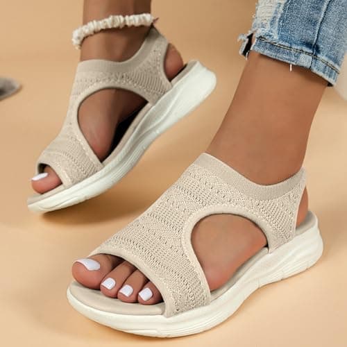 Sandals for Women Orthopedic, Sandals with Arch Support Summer Slip on Ladies Wedge Slingback Walking Slip on Platform Shoes Casual Beach Slingback Comfy Washable Slide Sport Shoes, 3.5 Cream — view 2