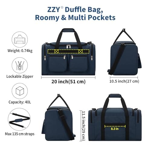 ZZY Men's 40L Gym Bag Sports Duffle with Lockable Zipper, 20-Inch Holdall for Fitness, Workout, Travel, Weekend Overnight Bag (Navy Blue) — view 3